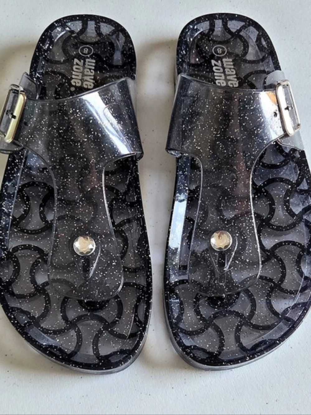 Wave Zone Black Glitter Plastic Jelly Slide Sandals Crystal Buckle Accent US 8